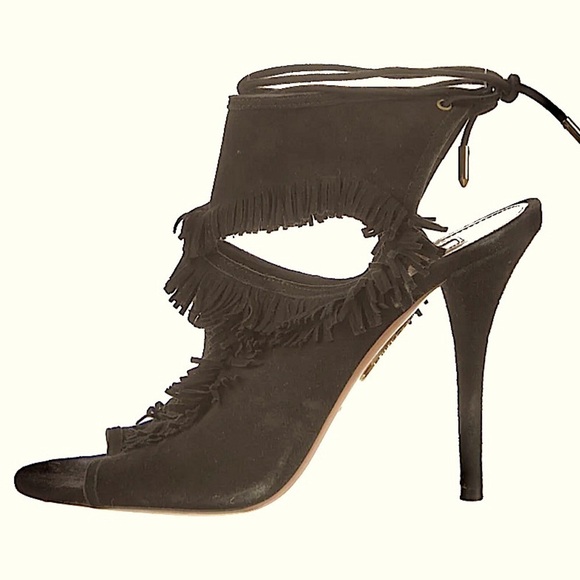 Aquazzura Shoes - AQUAZZURA Sexy Fringe Suede Tie-Back Sandal Black womens size 5.5